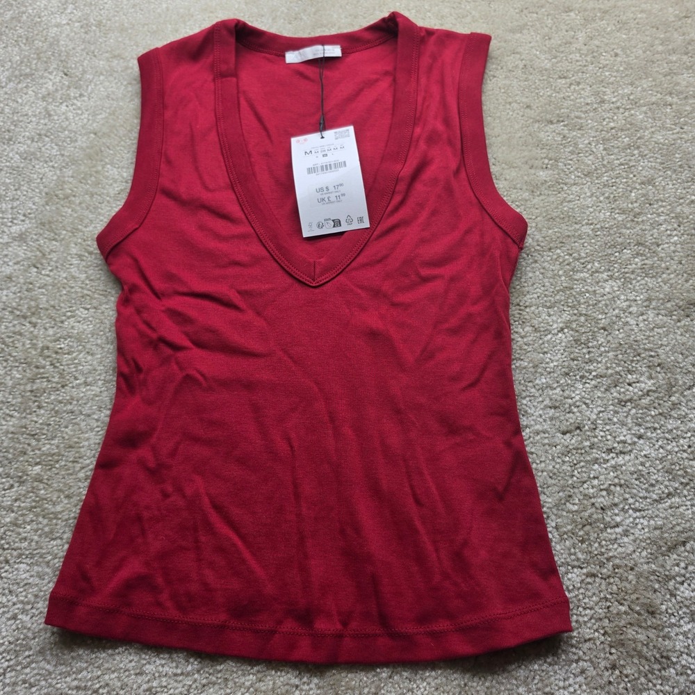 Zara Womens Deep V-Neck Ribbed Tank Top Red Sleeveless Slim Fit New Size M